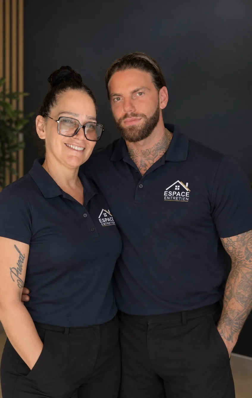 Sonia et Pascal, l'équipe d'Espace Entretien, en uniforme